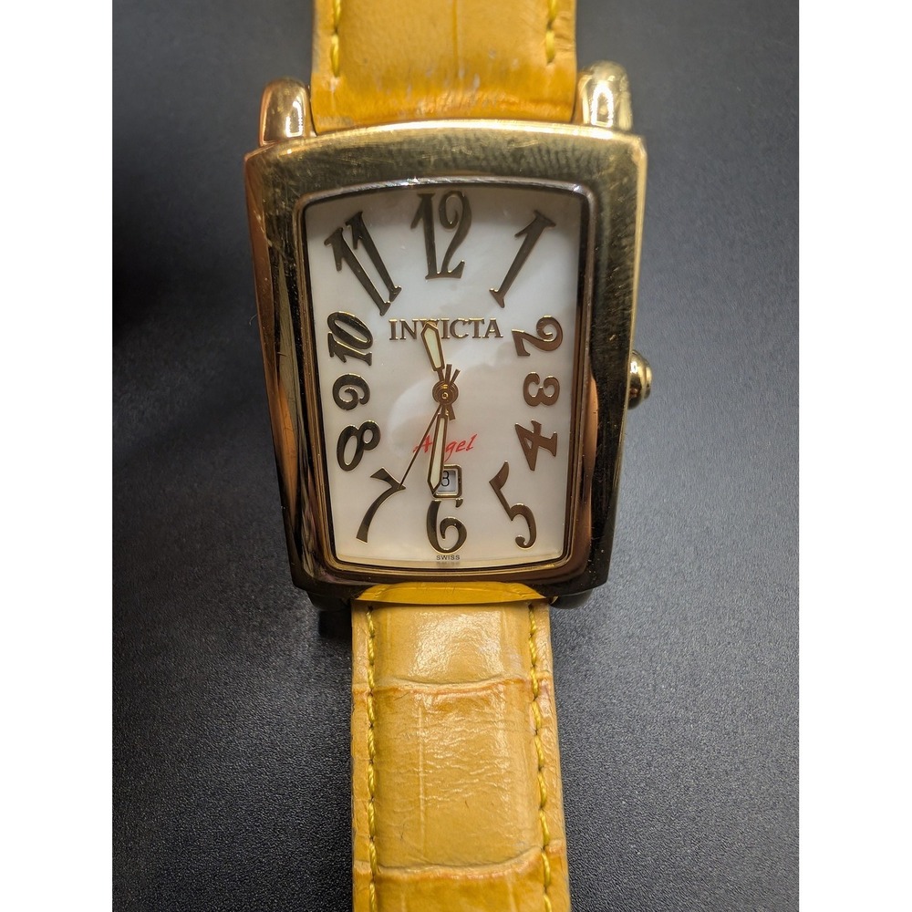 Invicta Angel Quartz Womens Watch White Dial Gold Case Yellow Leather Band 9729